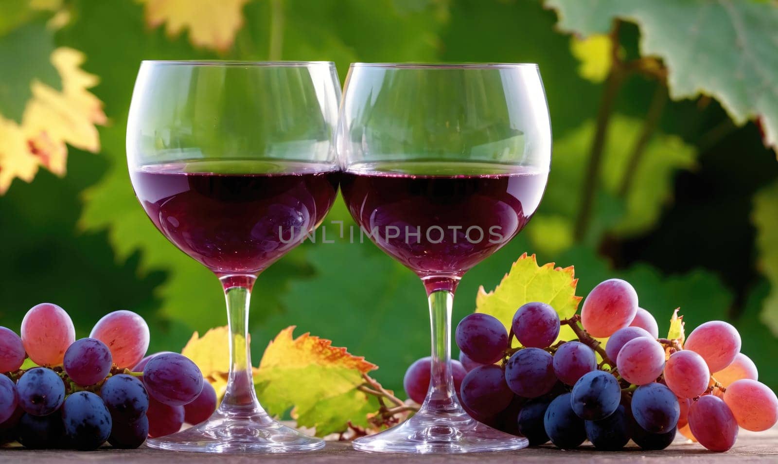 Two glasses of red wine are sitting on a wooden table. There are clusters of purple and red grapes in front of the glasses. The background is a blurred image of green leaves.
