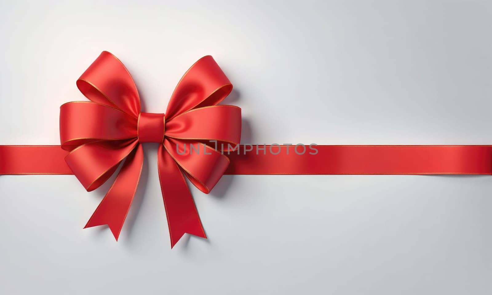 A red ribbon tied into a bow rests on a white background. The bow is centered in the image, with the ribbon extending to the left and right.