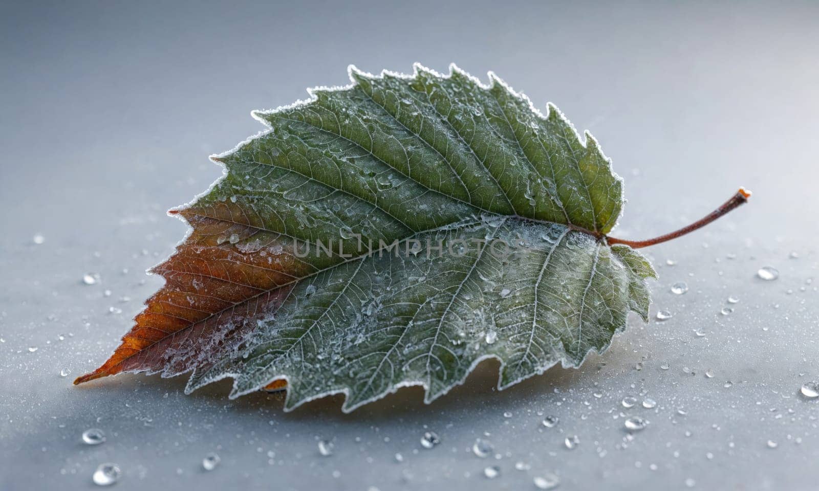 A close-up of a single leaf lying on a wet surface. The leaf is partially brown, with a green edge covered in water droplets. The surface is also covered in small water droplets.