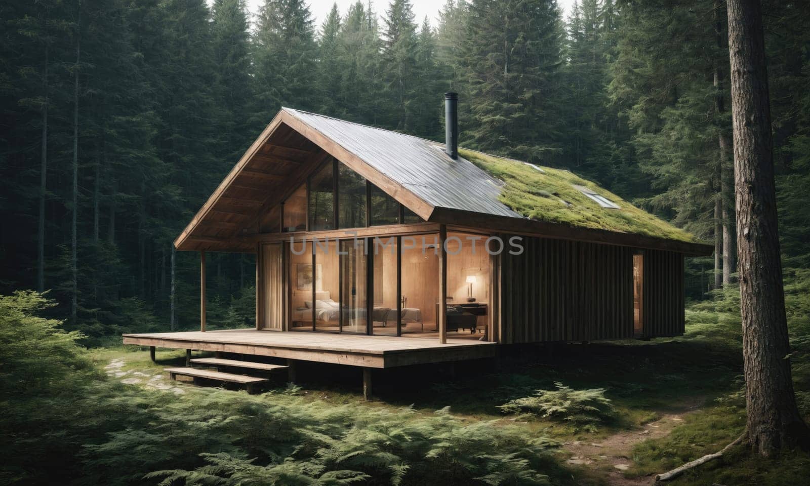 A small, wooden cabin with a moss-covered roof sits in a dense forest. The cabin has large windows and a wooden deck. There are tall trees surrounding the cabin.