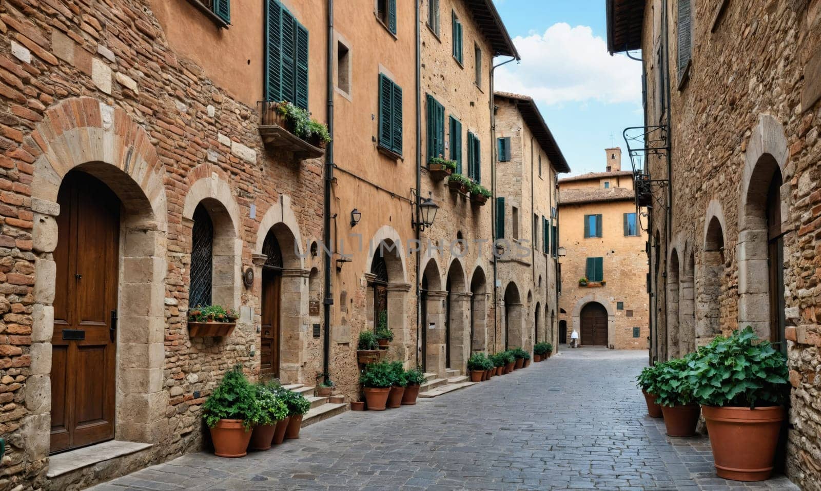 A cobblestone street lined with old stone buildings, some with arched doorways. The buildings are made of rough stone and have terracotta tile roofs