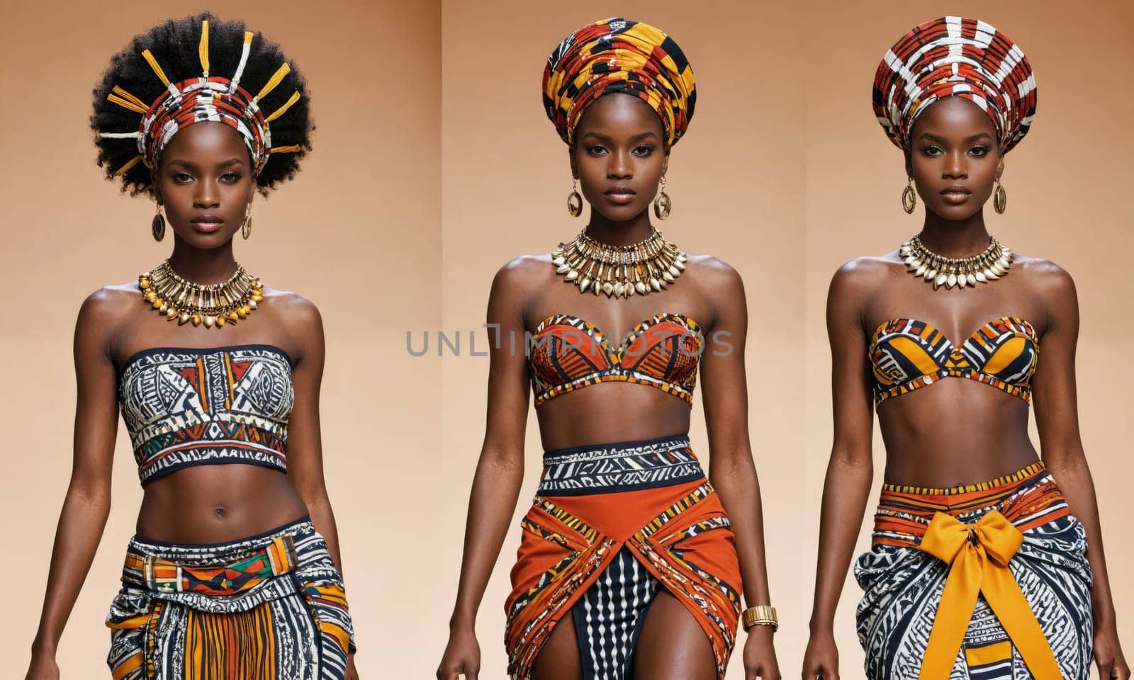 Three models are walking down a runway wearing colorful and patterned outfits. The models are wearing different styles of headwear.