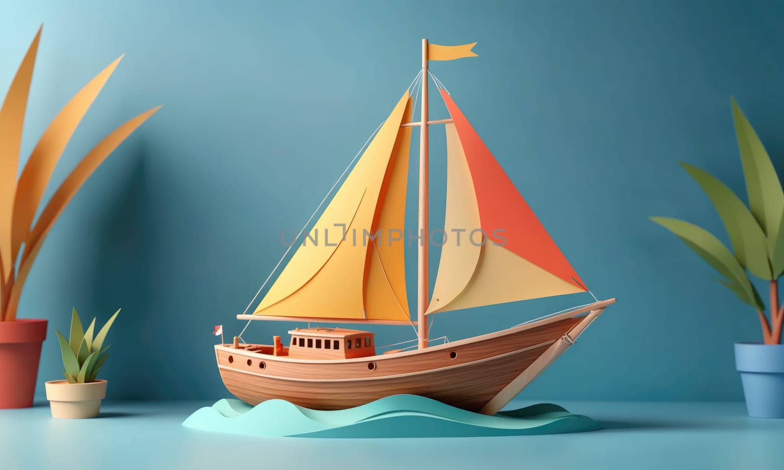 A paper sailboat with a yellow and orange sail is sailing on paper waves in front of a blue background. Two paper plants are to the left and right of the sailboat.