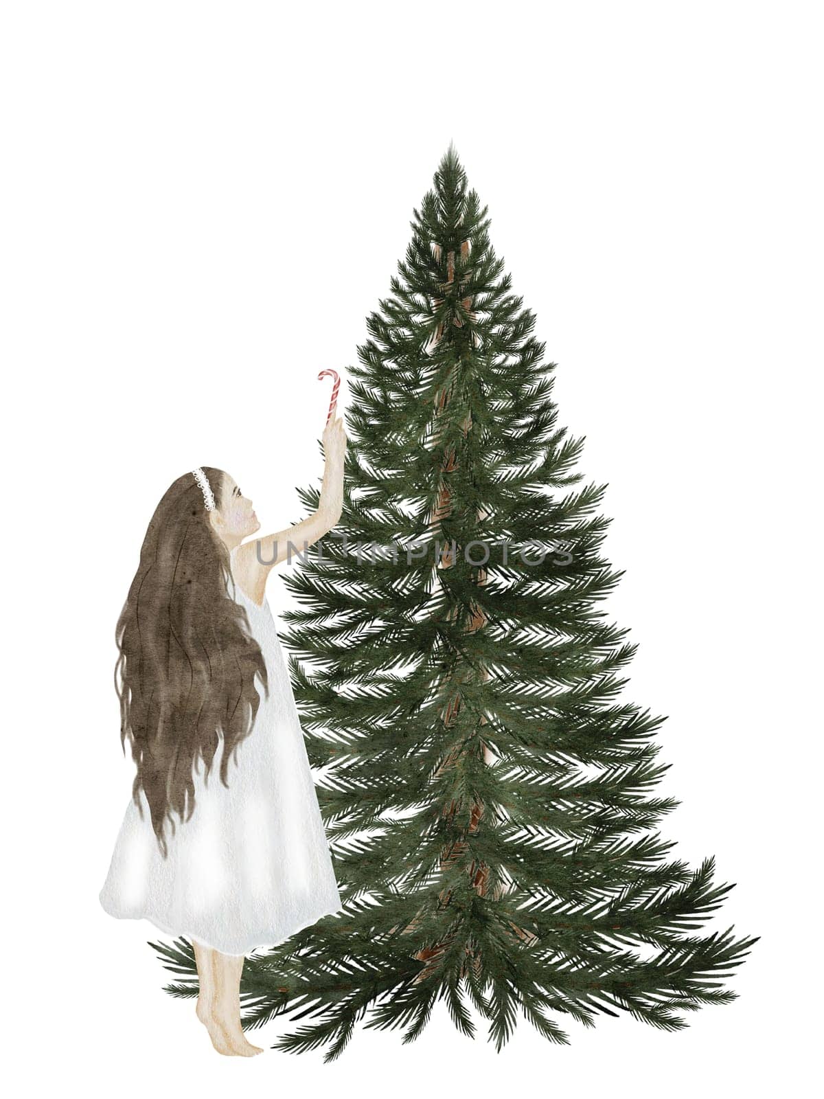 Girl decorates Christmas tree watercolor. Hand drawn vintage postcard for Christmas and New Year. Evergreen plant. Clipart isolated festive on white background. Perfect picture for bright holidays. High quality illustration