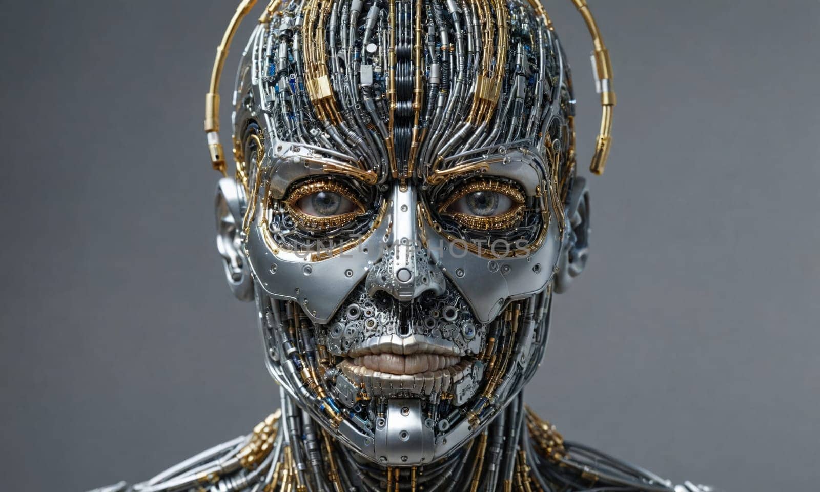 A close-up view of a robot's face. The robot is constructed entirely of metal, with gold and silver accents. Its eyes are large and unblinking, and its mouth is slightly open in a hint of a smile
