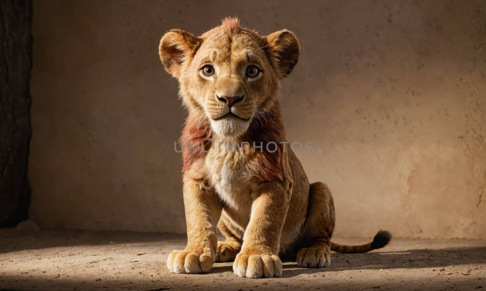 A small, brown lion cub sits on a dirt floor in front of a brown wall. The cub is looking directly at the camera, its paws neatly tucked under its body.