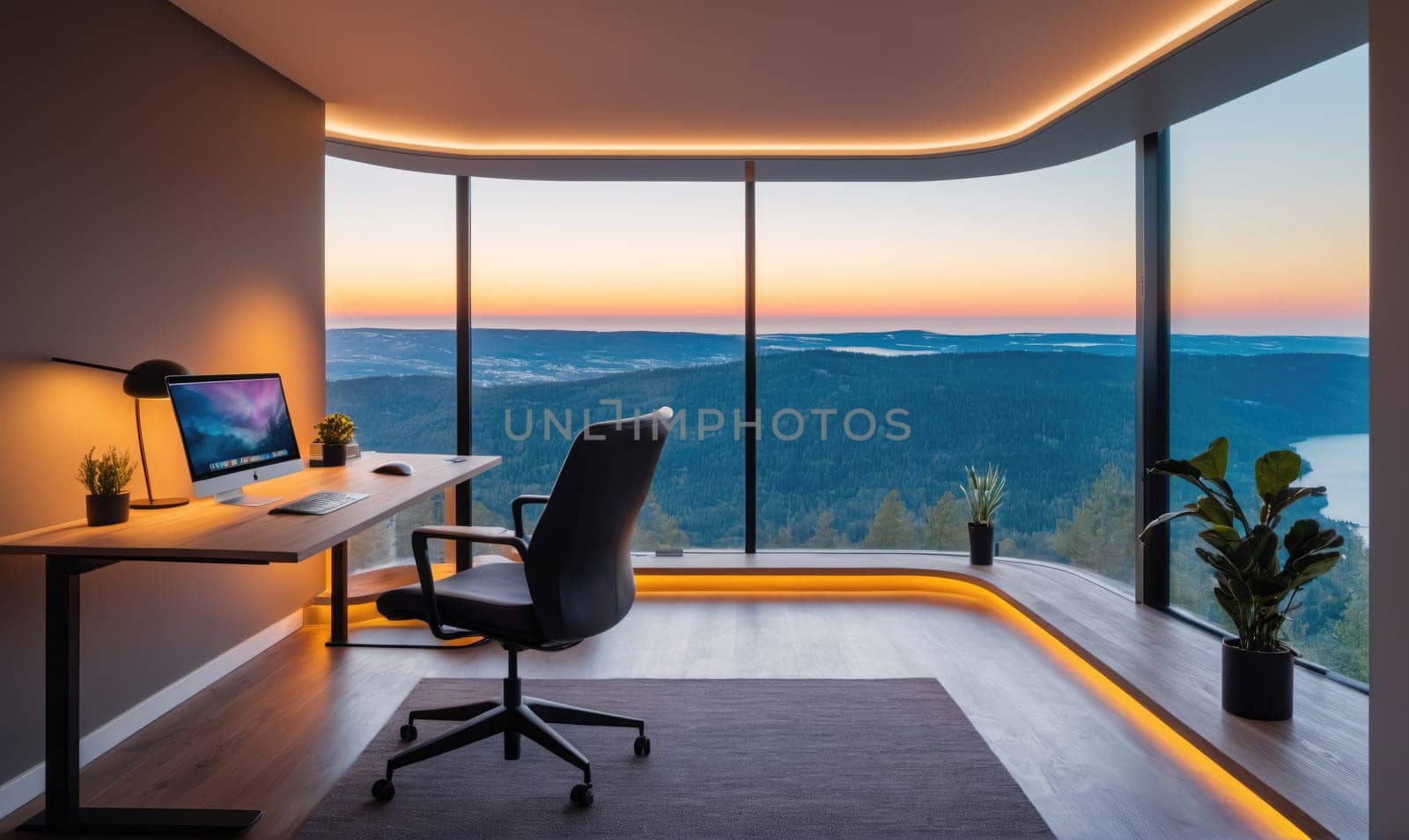 A modern office space features a large desk with a computer and a chair positioned to look out the large windows. The office has warm lighting and is decorated with plants