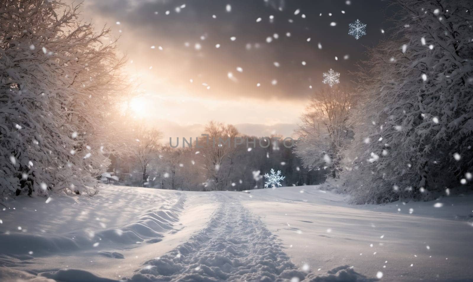 A snowy path winds through a forest with trees covered in snow. The sun is setting in the background, casting a warm glow on the snow. Snowflakes are falling from the sky.