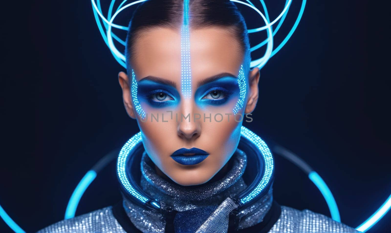 The image shows a woman with blue makeup and glowing lights around her face and neck. The background is dark. The woman's eyes are looking directly at the viewer.