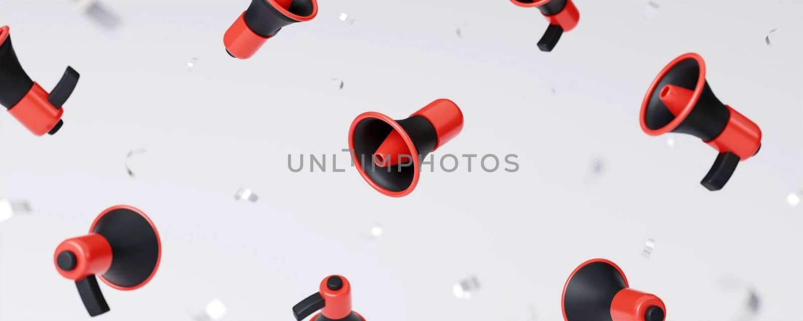 A 3D render featuring red and black megaphones set against a white background, representing Black Friday promotions and modern sale announcement trends