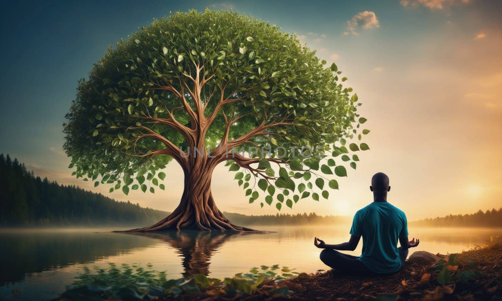 A man sits cross-legged on the edge of a lake with his eyes closed, meditating. A large, leafy tree with a thick trunk and many roots stands behind him, reaching out over the water