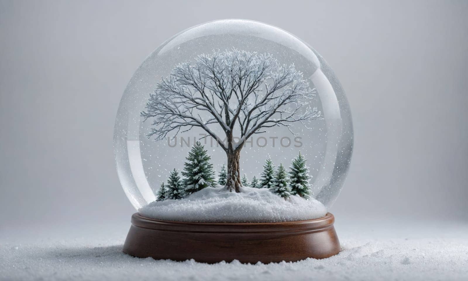 A snow globe with a large, bare tree in the center and several smaller evergreen trees surrounding it is shown against a white background