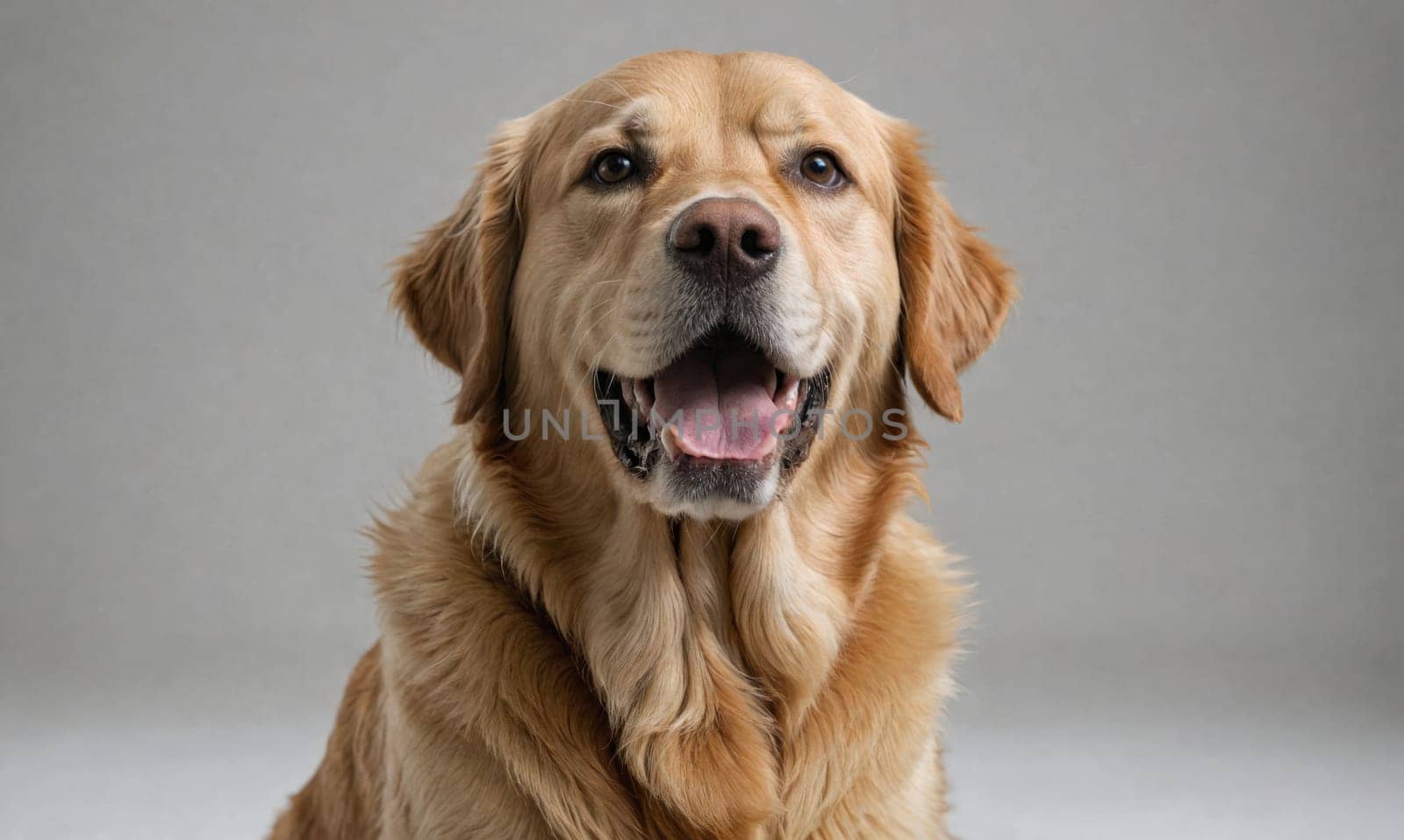 A golden retriever sits and looks directly at the camera. Its mouth is open and its tongue is slightly out. The dog has a light brown coat and a white chest.