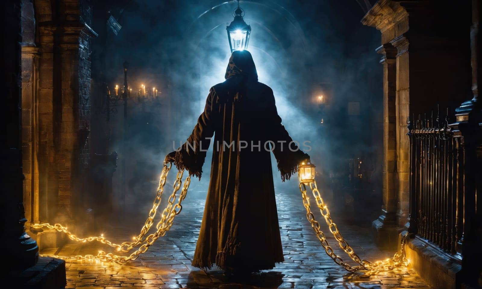 A hooded figure walks down a shadowy alleyway, dragging chains that glow with an otherworldly light. The figure is silhouetted against a bright light source above them