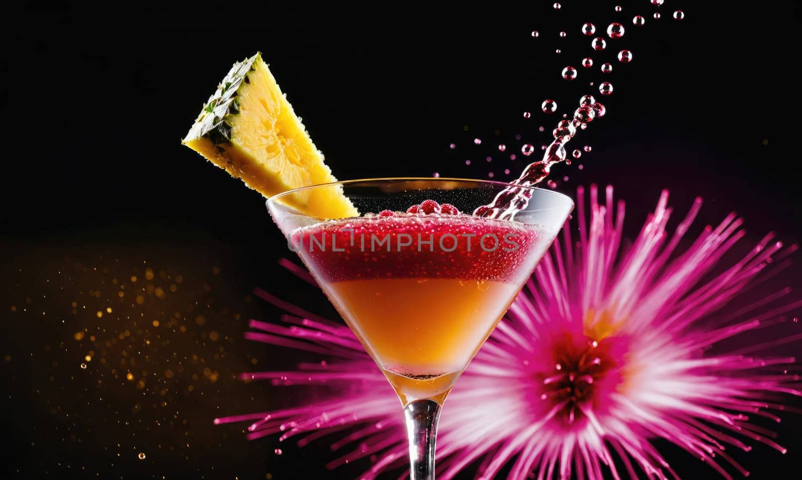 A close-up of a martini glass filled with a pink and orange layered cocktail, garnished with a slice of pineapple. The drink is sparkling with bubbles and there is a pink flower in the background.