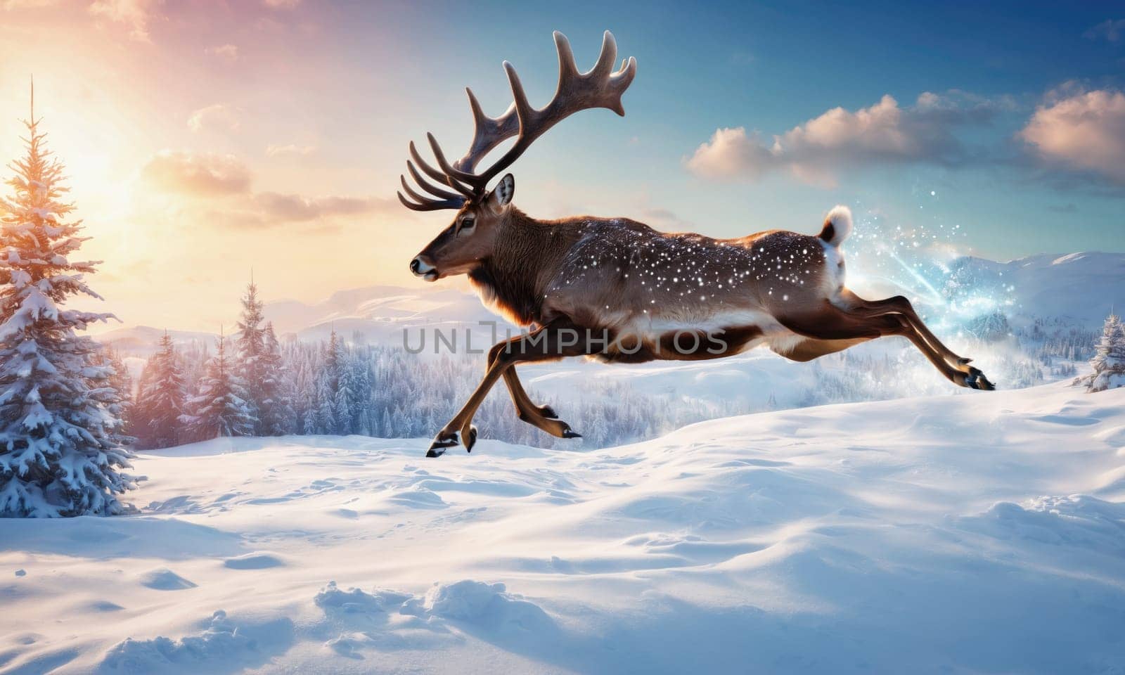 A deer with large antlers leaps across a snowy landscape with a forest in the background. The sky is a vibrant orange and pink as the sun sets in the distance