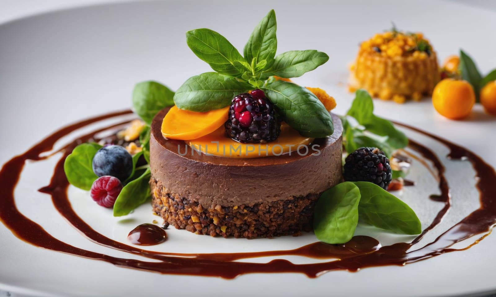 A decadent chocolate mousse dessert topped with orange slices, blackberries, and basil leaves. The dessert is drizzled with chocolate sauce and served on a white plate.