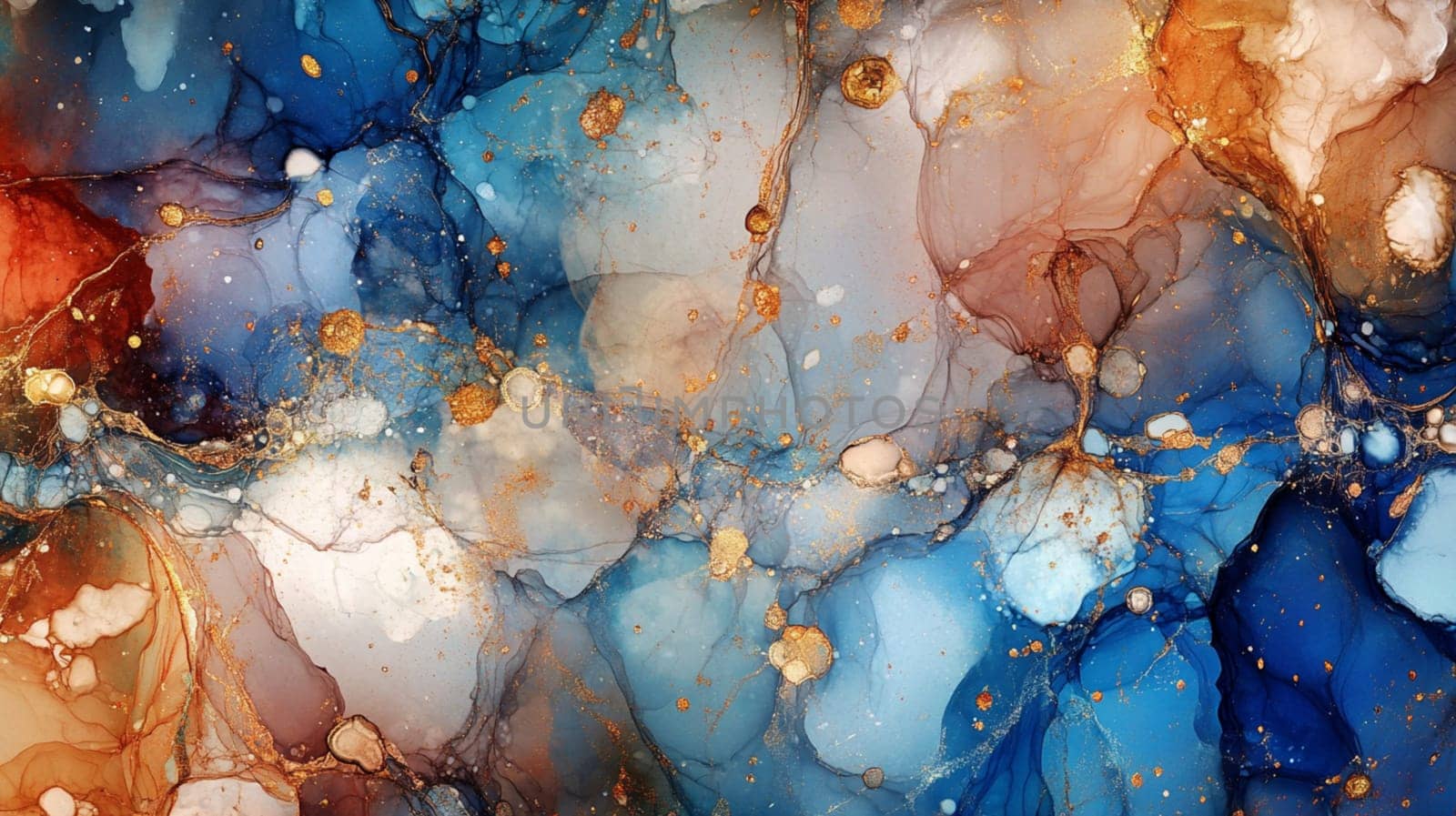 Swirling blue, orange, and gold alcohol inks create a mesmerizing nebula design with metallic hints. This vibrant fluid art adds magic and luxury to any space