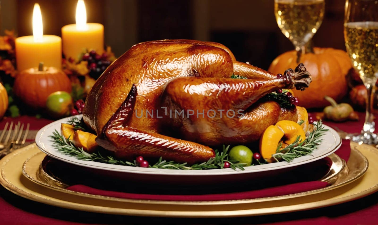 A golden-brown roasted turkey rests on a white plate with sprigs of rosemary and citrus fruits. The turkey is surrounded by a festive table setting with candles, pumpkins, and wine glasses.