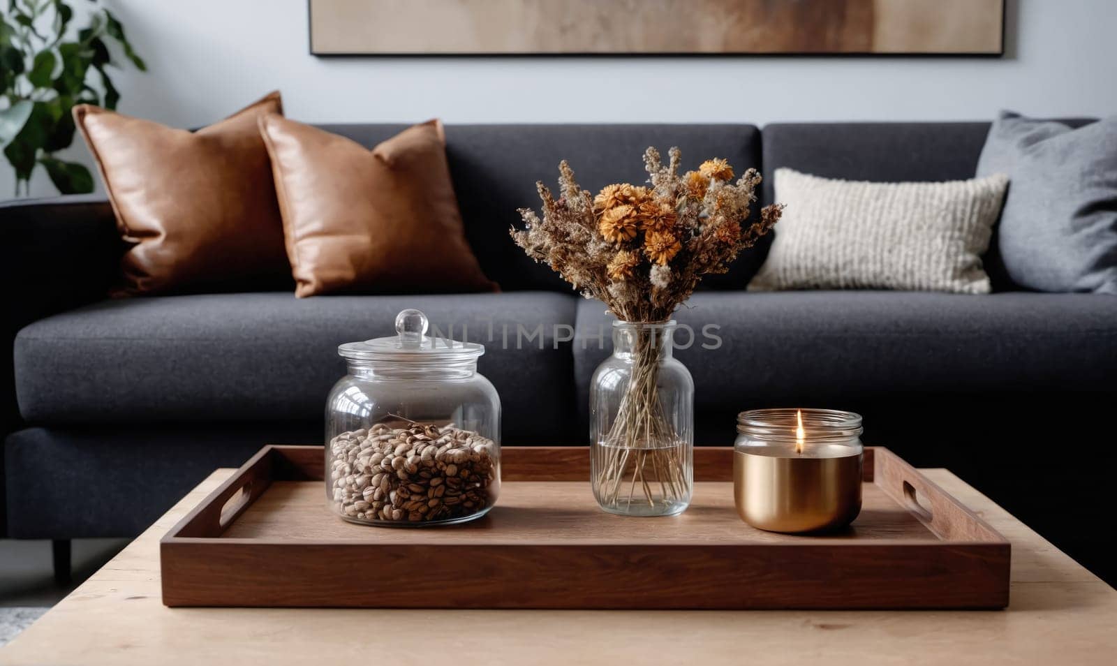A wooden tray sits on a coffee table in front of a gray couch