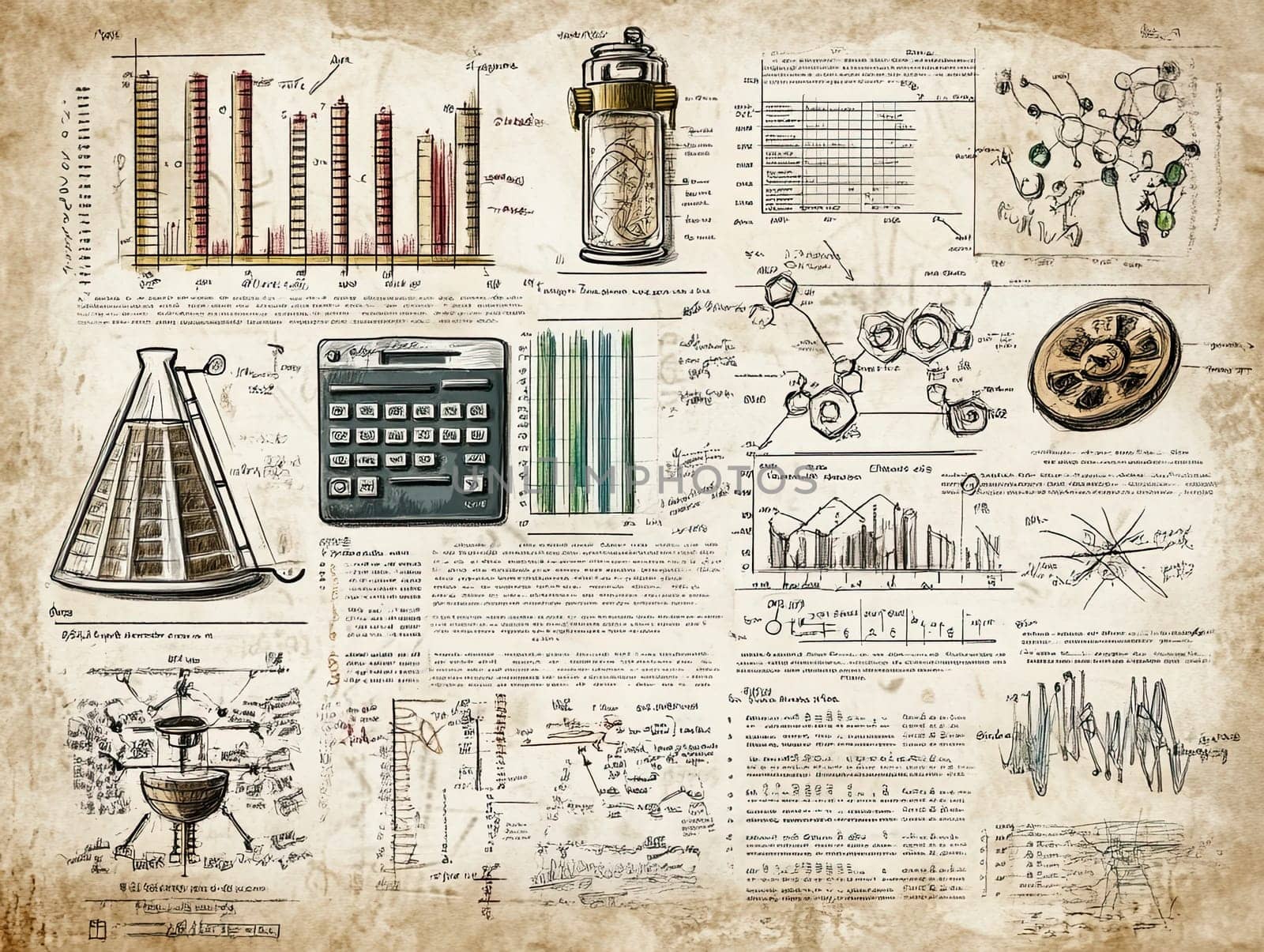 A comprehensive infographic features various charts, chemical structures, and calculations, highlighting significant scientific research and data in a vintage aesthetic.
