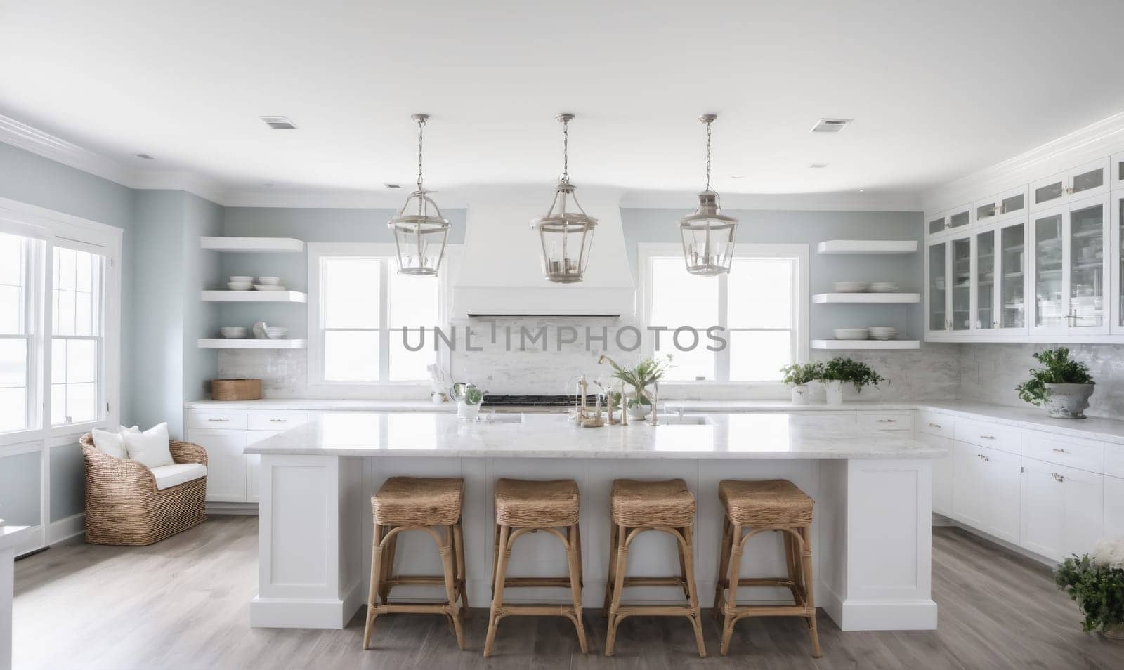 A modern kitchen with white cabinetry and a large, white kitchen island. Four woven bar stools are lined up in front of the island