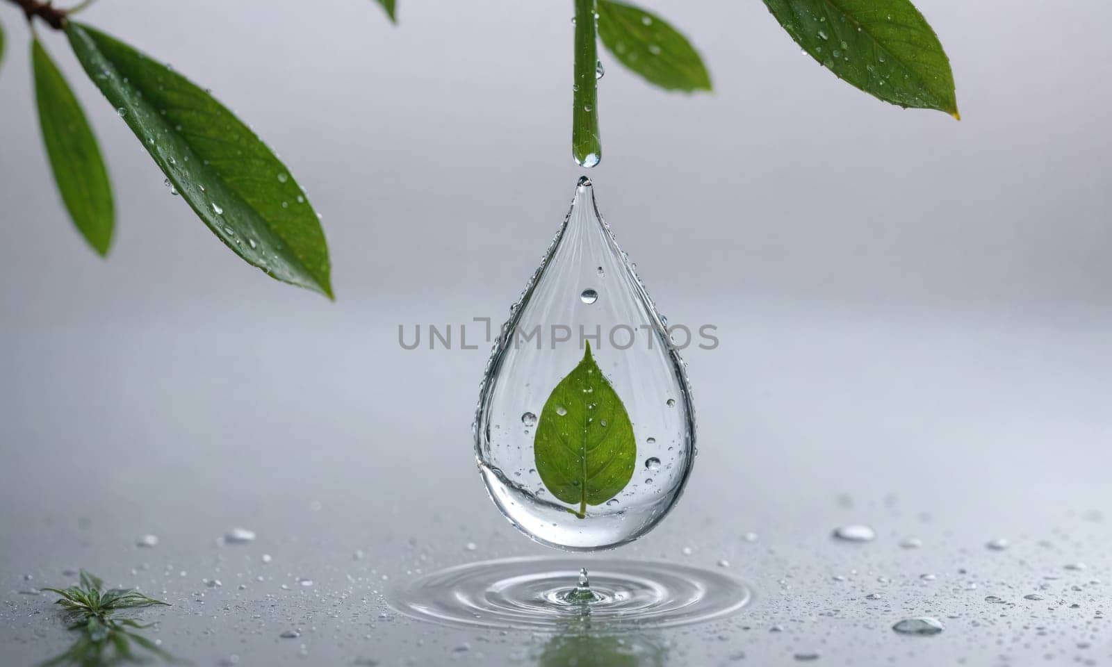 A large, clear water drop falls from a wet leaf. The drop contains a smaller leaf inside, and it creates ripples as it lands on the surface of the water.