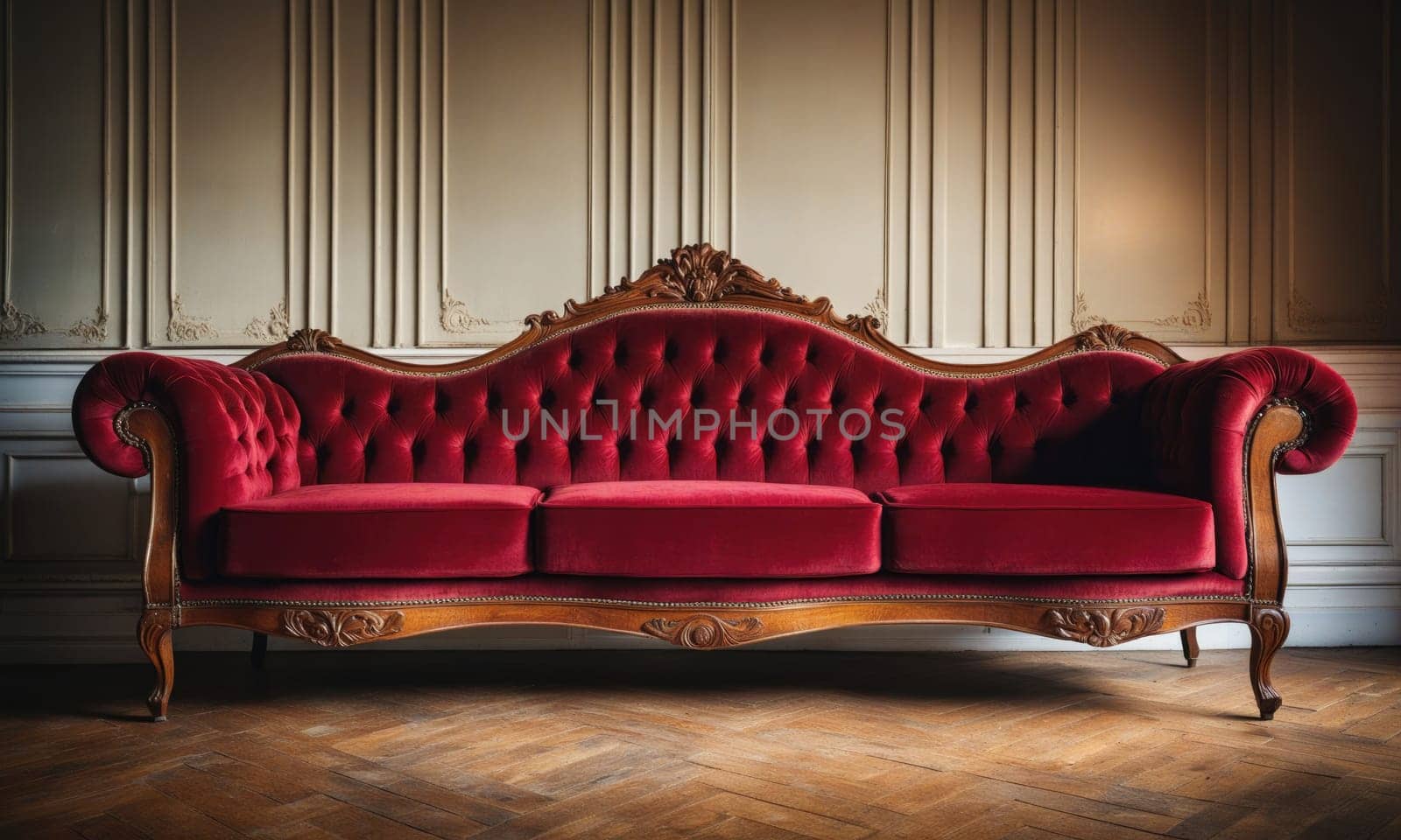 A classic, three-seater sofa with a deep red velvet upholstery and carved wooden frame sits in an elegant room with white paneled walls and a wooden floor.