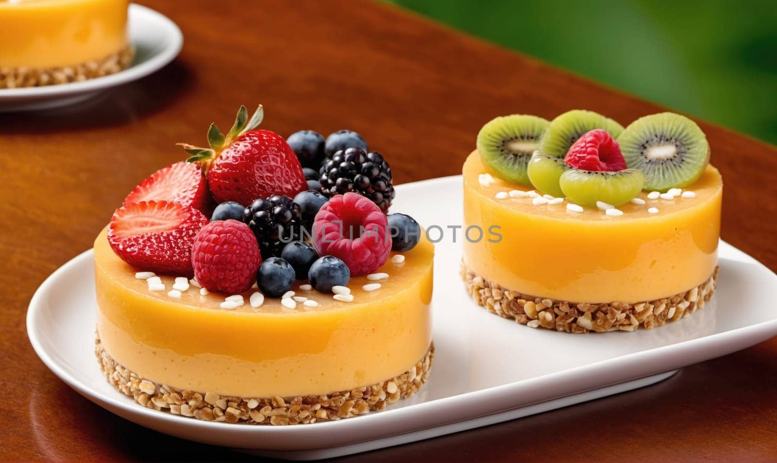 Two miniature fruit cakes are displayed on a white plate on a wooden surface. The cakes are yellow with a thin crust of granola
