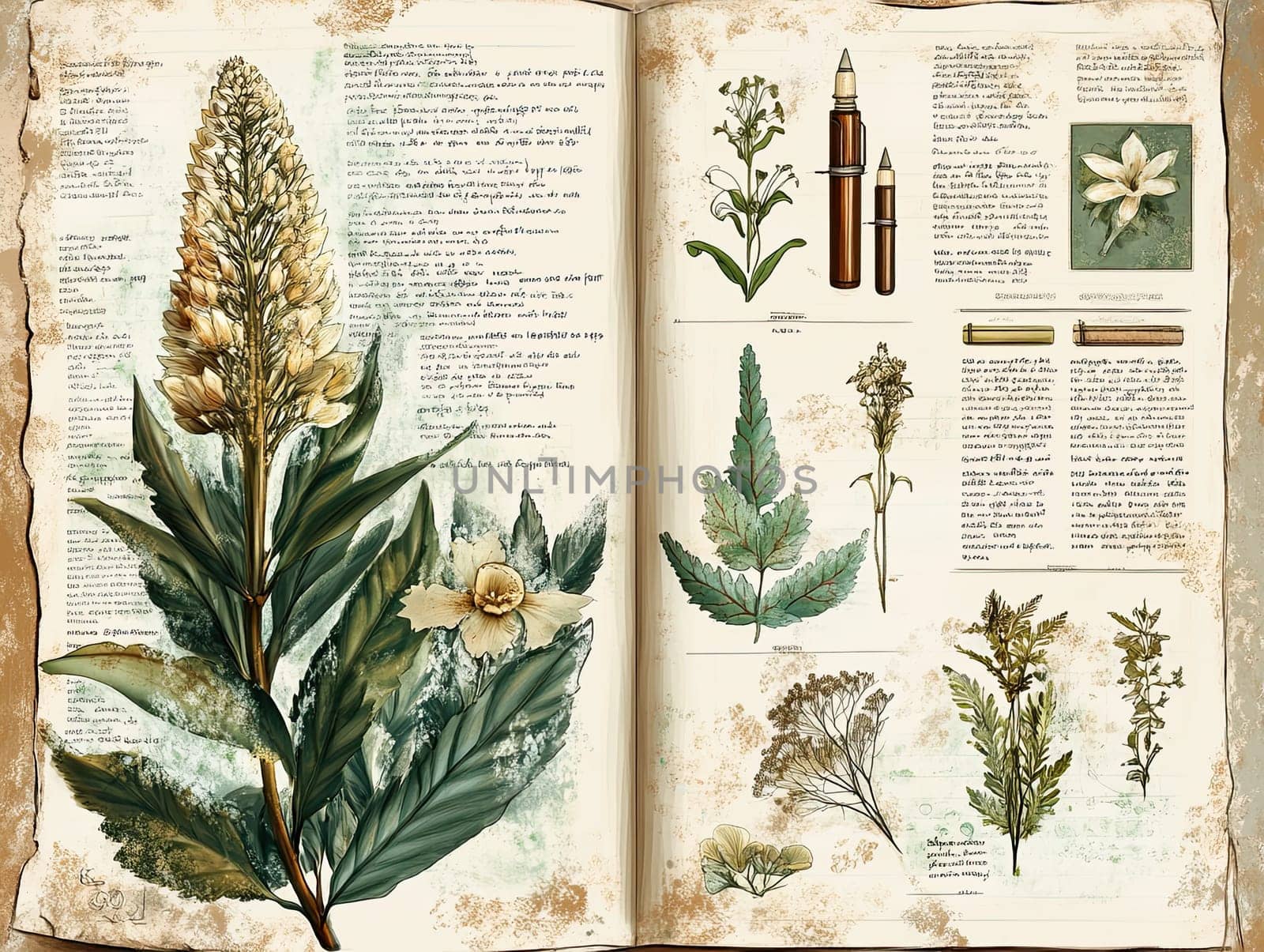 An antique book page showcases intricate botanical illustrations of different plants and herbs, accompanied by detailed descriptions of their features and uses.