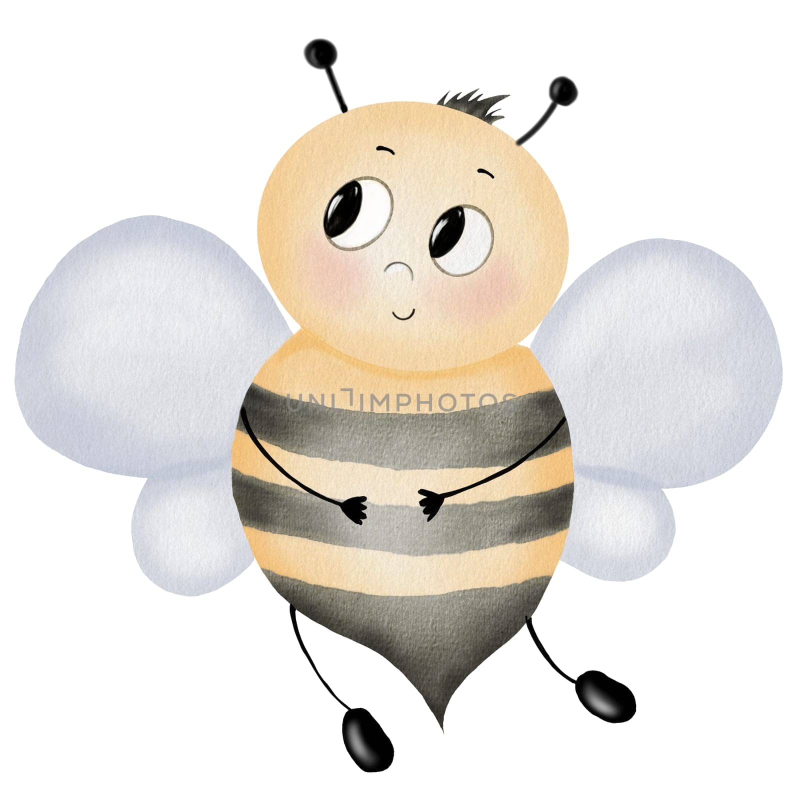 Bee cartoon watercolor. Hand drawn cute bumblebee on isolated white background. Clip art insect. Ideal for children's educational cards, posters and organic honey labels. High quality illustration