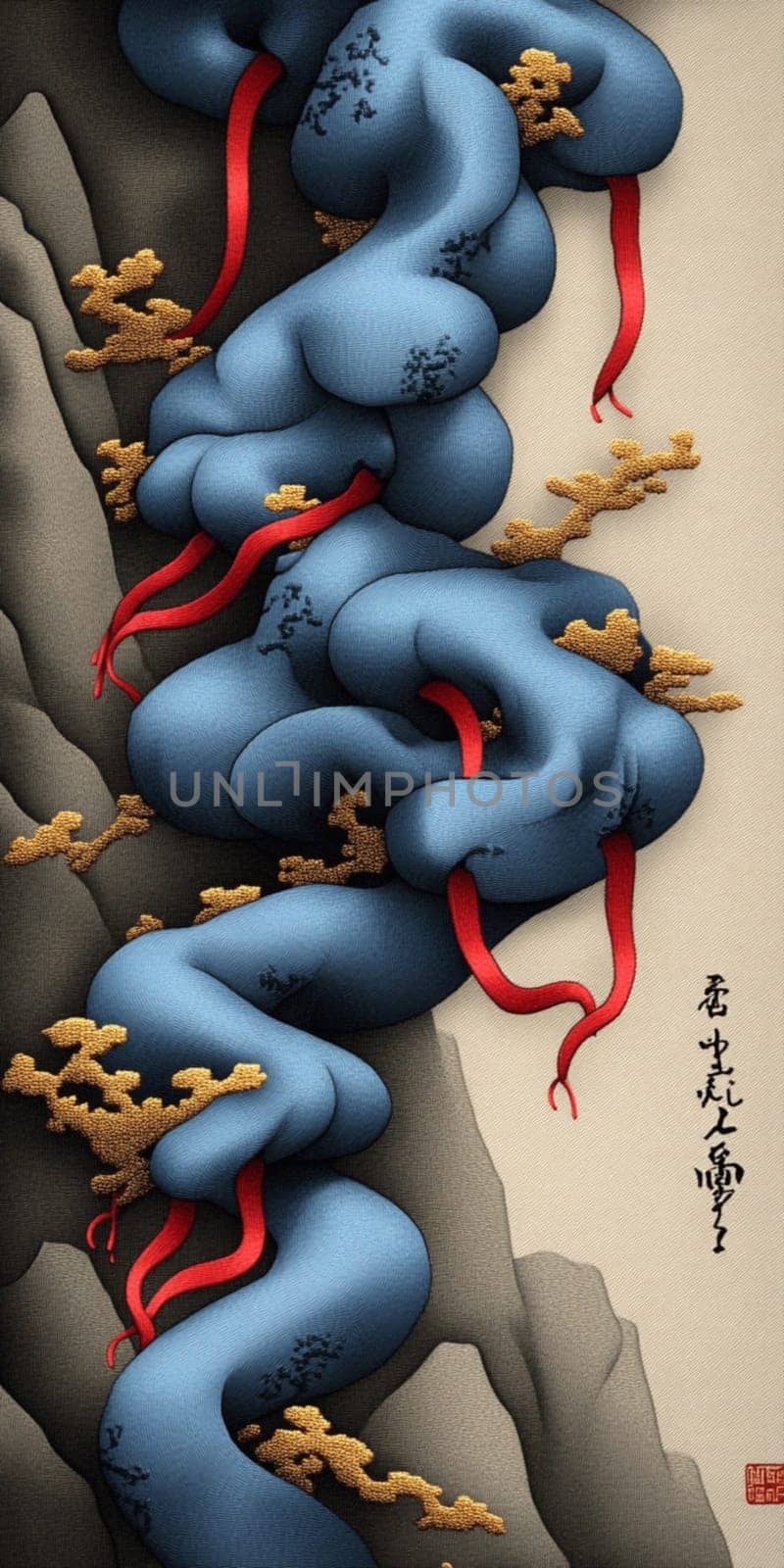 Abstract illustration featuring blue organic forms with red ribbons, flowing and intertwining on a textured background with gold details
