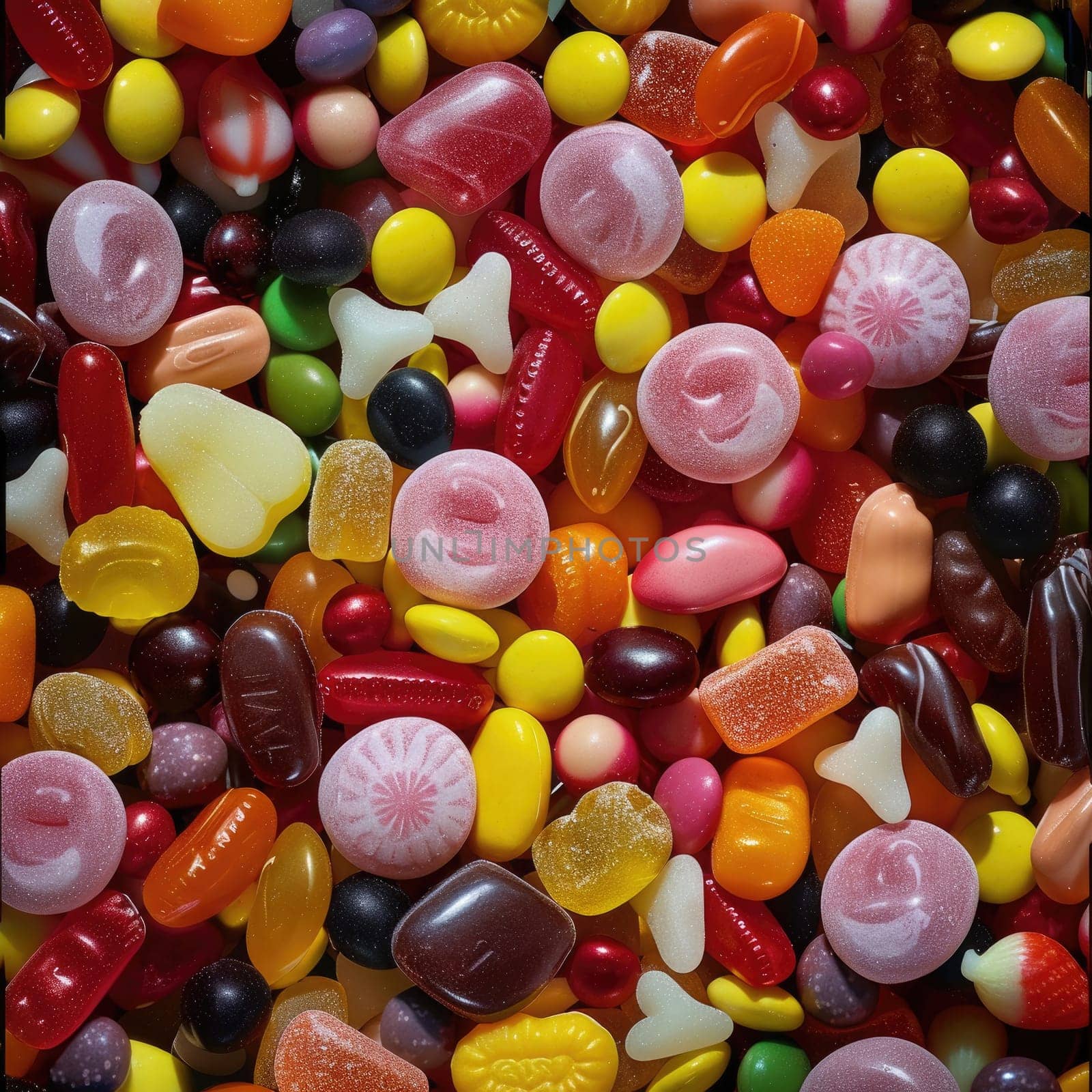 A vibrant mix of candies covers a flat surface, displaying an array of shapes, colors, and textures. The sunlight highlights the different styles and vivid colors of each candy.