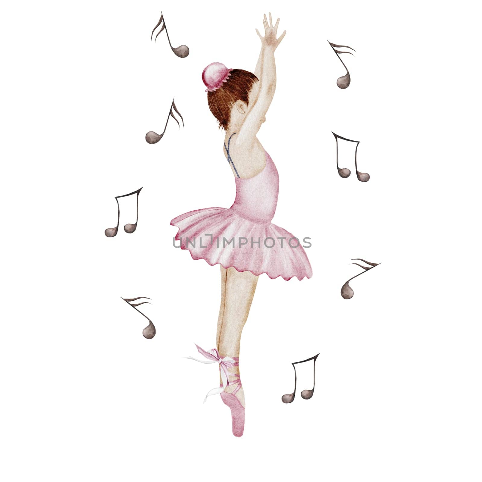 Ballerina watercolor. Hand drawn incredible girl dancer in pink tutu skirt with flying notes. Clip art on isolated white background of cute ballet beauty. Perfect for poster and cards, princess daughter room design. High quality illustration