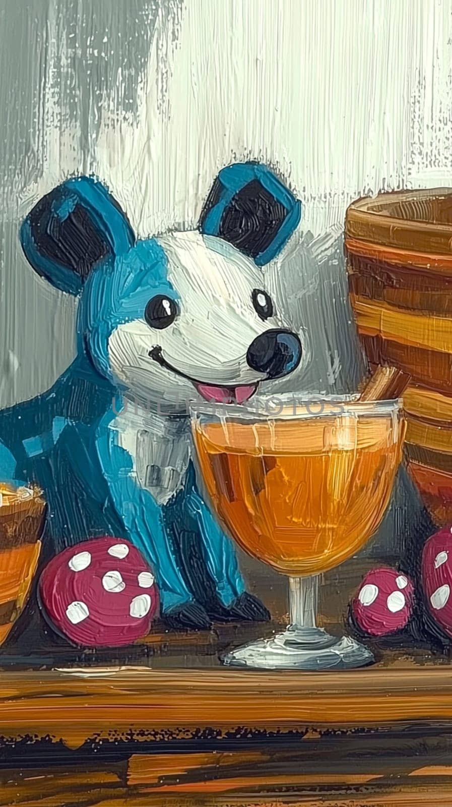 Oil painting of a whimsical still life featuring a blue dog with a glass of orange juice on a wooden table. Perfect for art lovers and those who appreciate unique and playful imagery