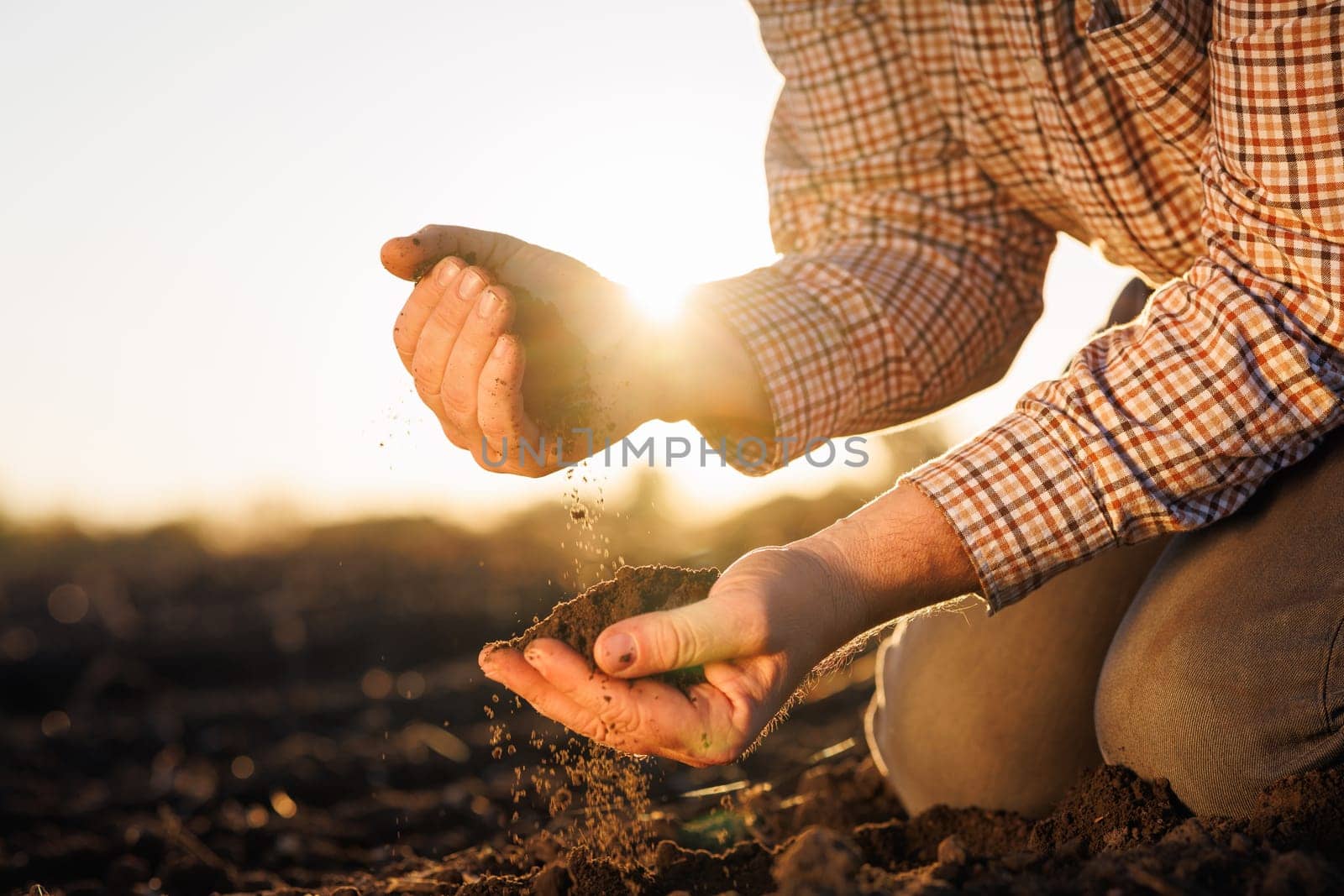 Agriculture. Soil is land in the hands of the farmer. Land plot close-up of hands of farmer mud peat. Garden nature. Ecology of fertile soil. The farmer works in the field. Environment in