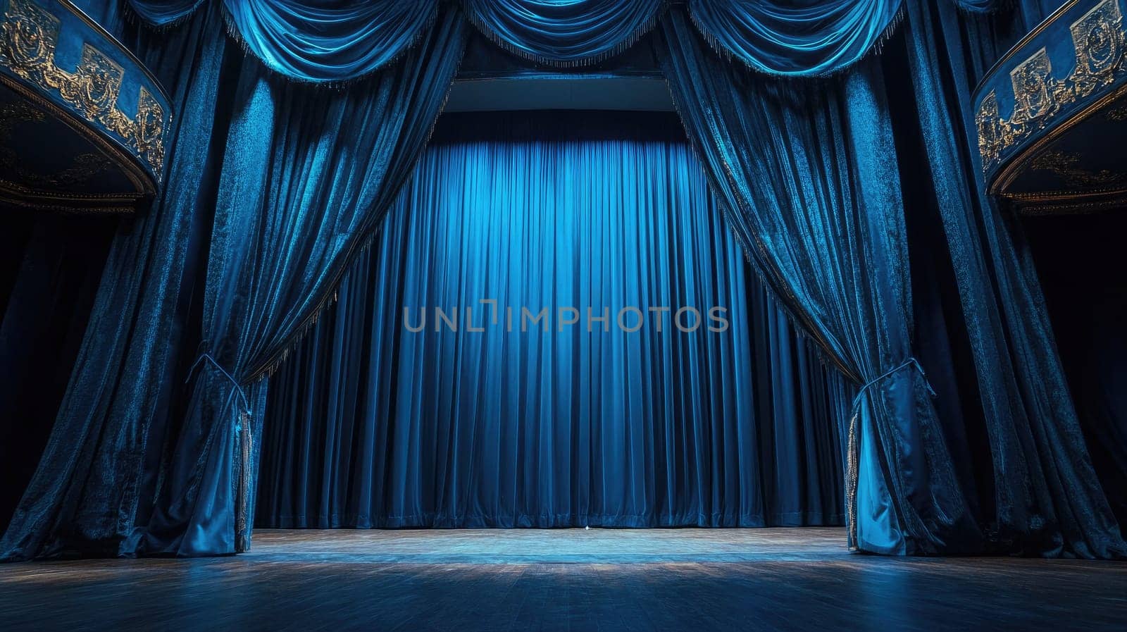 The theater stage is adorned with rich blue curtains, creating a captivating atmosphere. The setting awaits the next performance, showcasing the venue's charm and elegance.