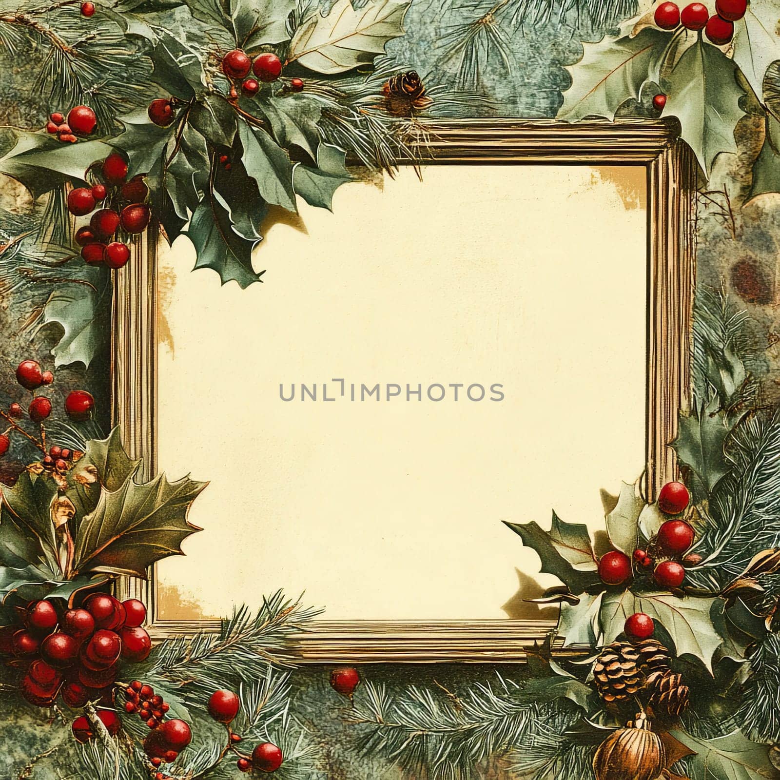 A decorative frame surrounded by vibrant holly leaves, red berries, and pine branches creates a perfect setting for winter holiday messages and seasonal greetings.