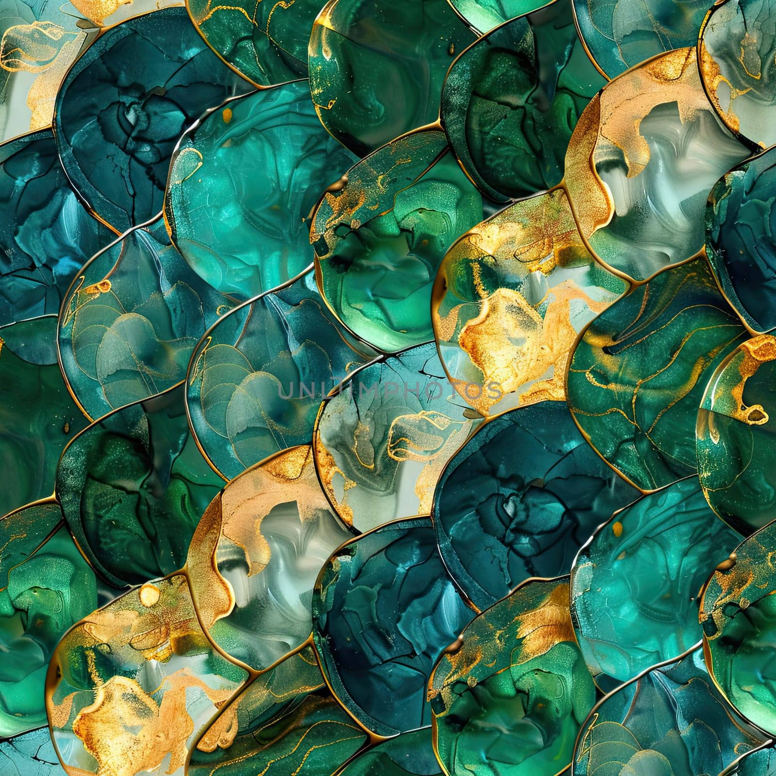 An intricate arrangement of teal and green circular shapes interspersed with golden accents creates a mesmerizing abstract design that attracts the eye.