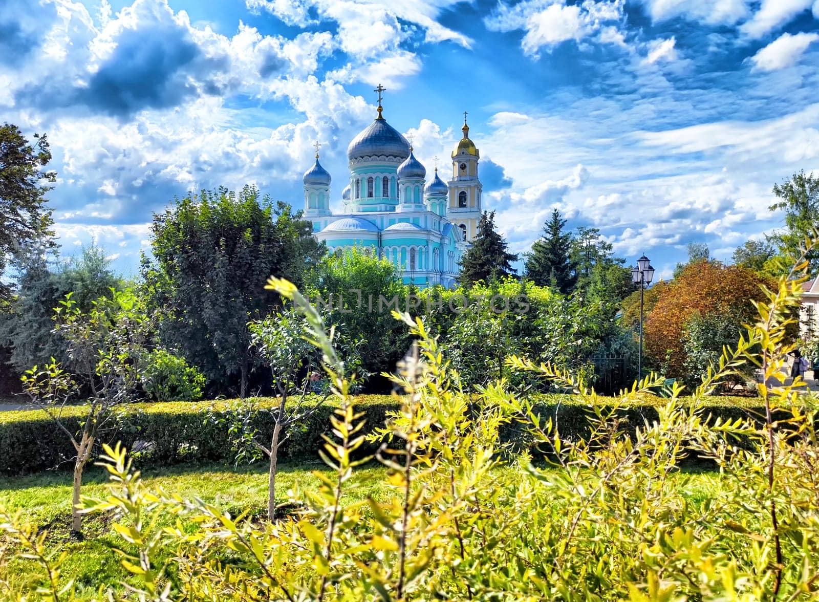 The church in the Orthodox monastery in Diveevo and blue sky with white clouds in nice day