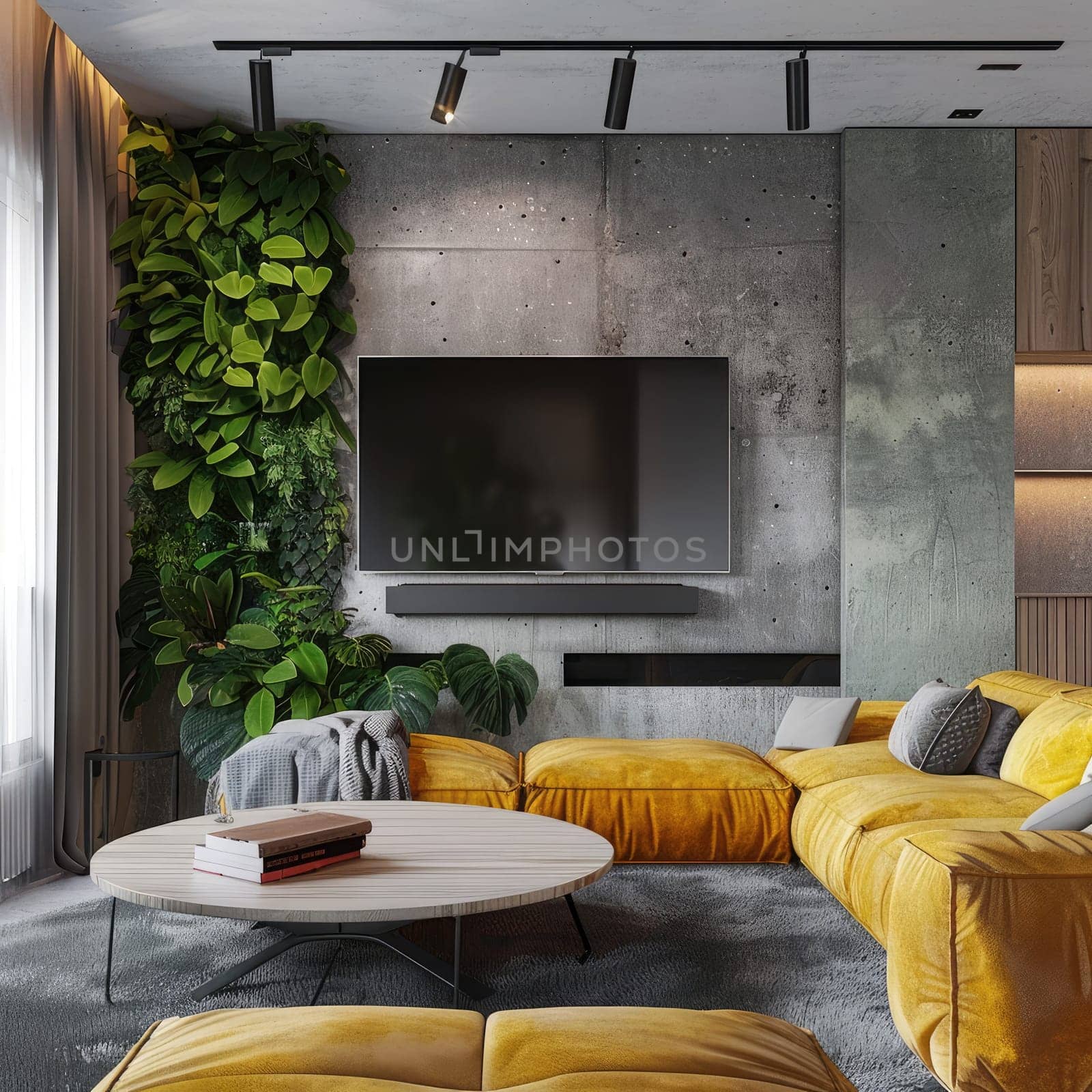 A vibrant living room showcases a spacious yellow sectional sofa surrounded by decorative plants, accompanied by a modern television on a textured wall, creating an inviting atmosphere.