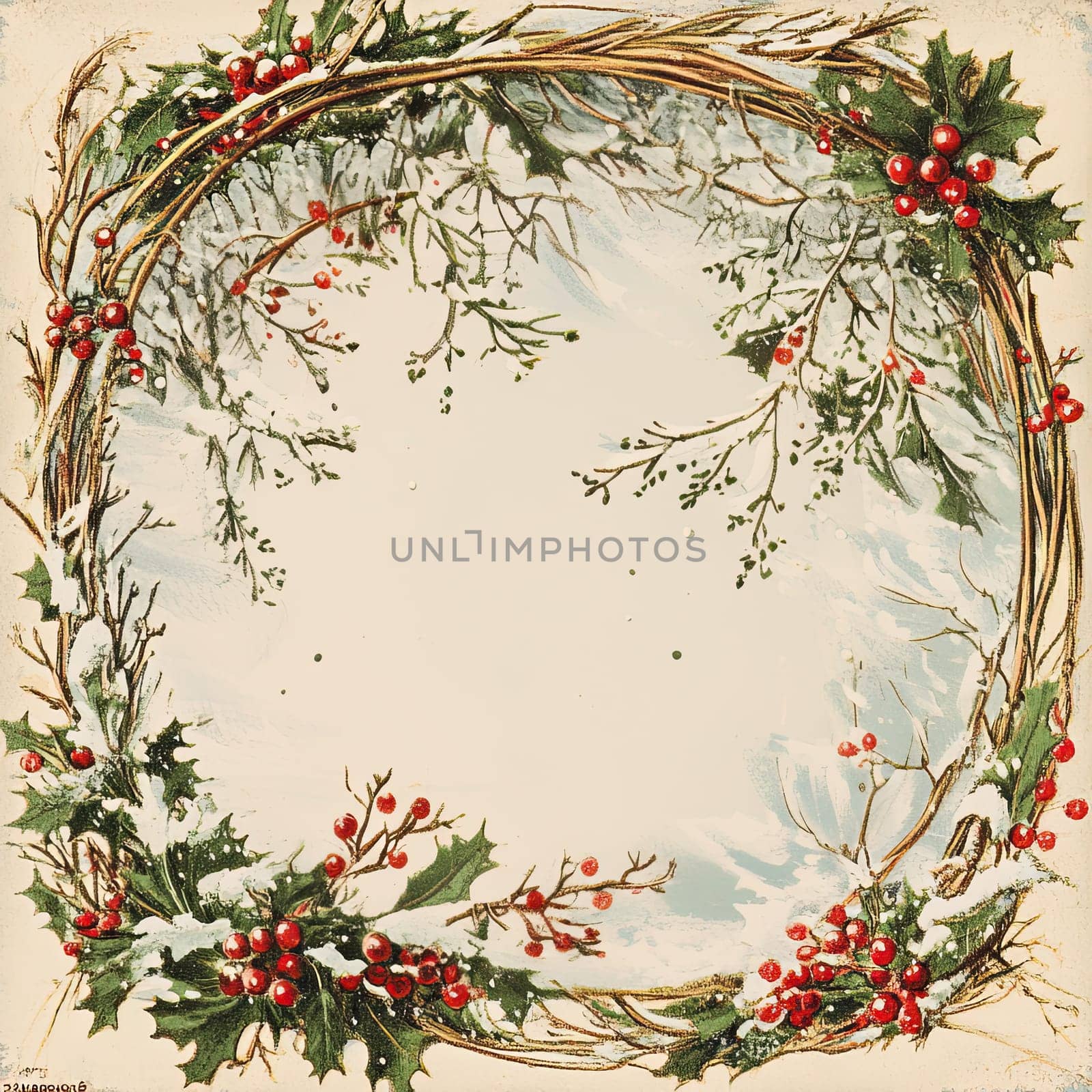 An elegant winter wreath features vibrant holly leaves and clusters of red berries, set against a soft snowy backdrop, evoking a classic holiday ambiance.