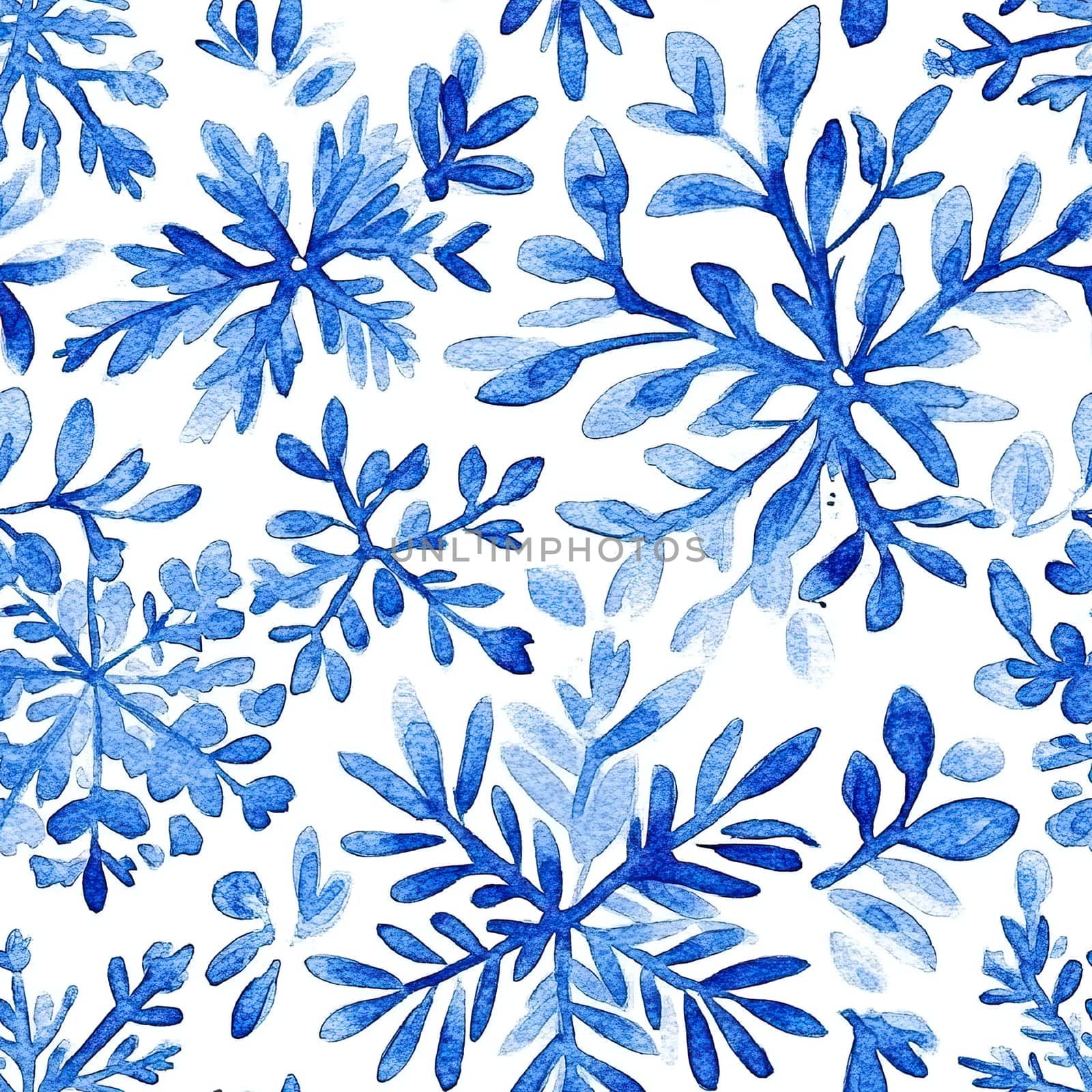 A vibrant watercolor design showcases various shades of blue foliage. This artistic pattern blends natural elements with a fresh, clean background, perfect for creative applications.