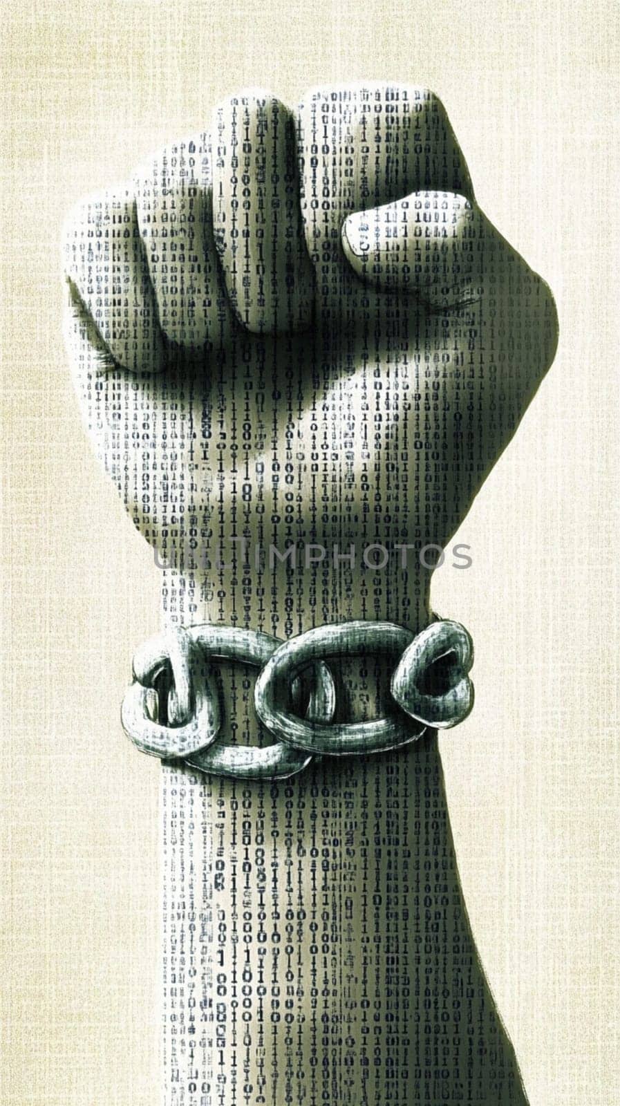 Powerful fist, adorned with intricate patterns, is breaking free from heavy chains, symbolizing the struggle for freedom and equality