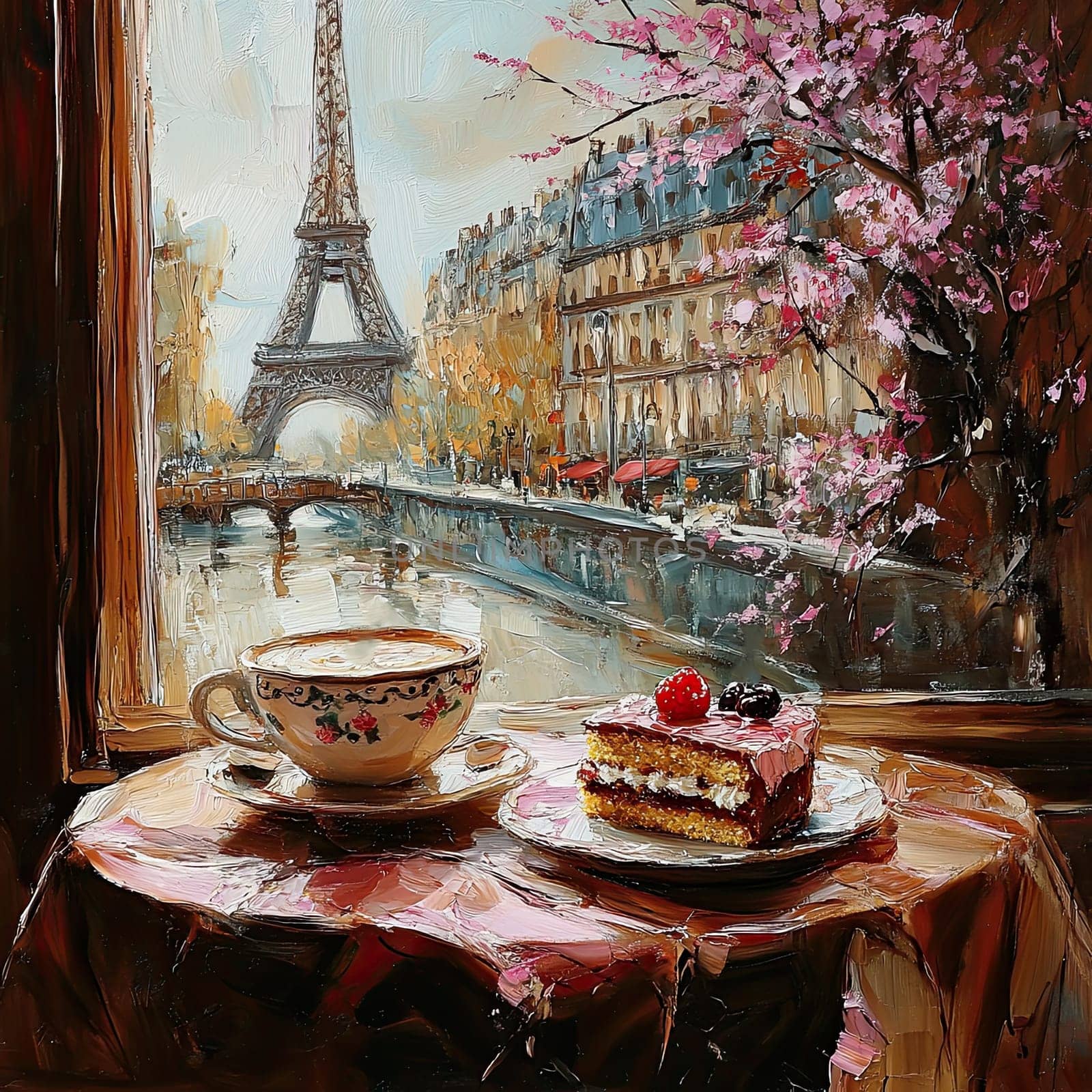 Enjoying a warm cup of coffee alongside a slice of cake while overlooking the Seine River, framed by vibrant cherry blossoms in spring.