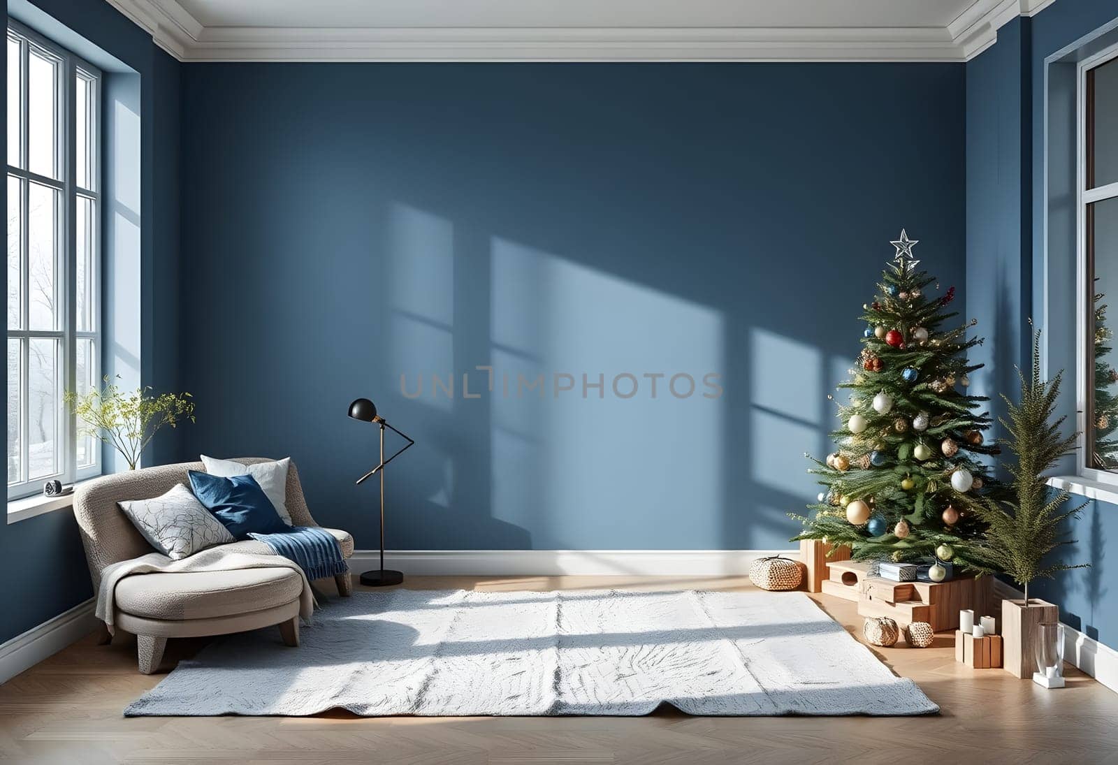 The Scandinavian-style blue room is decorated with a beautiful Christmas tree. High quality photo