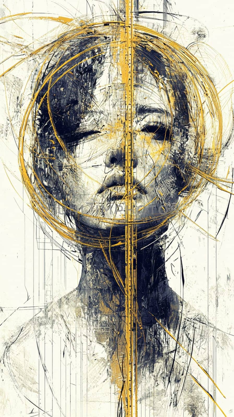 Abstract portrait of a woman with yellow lines surrounding her head, emerging from an abstract painted background with a textured grunge look