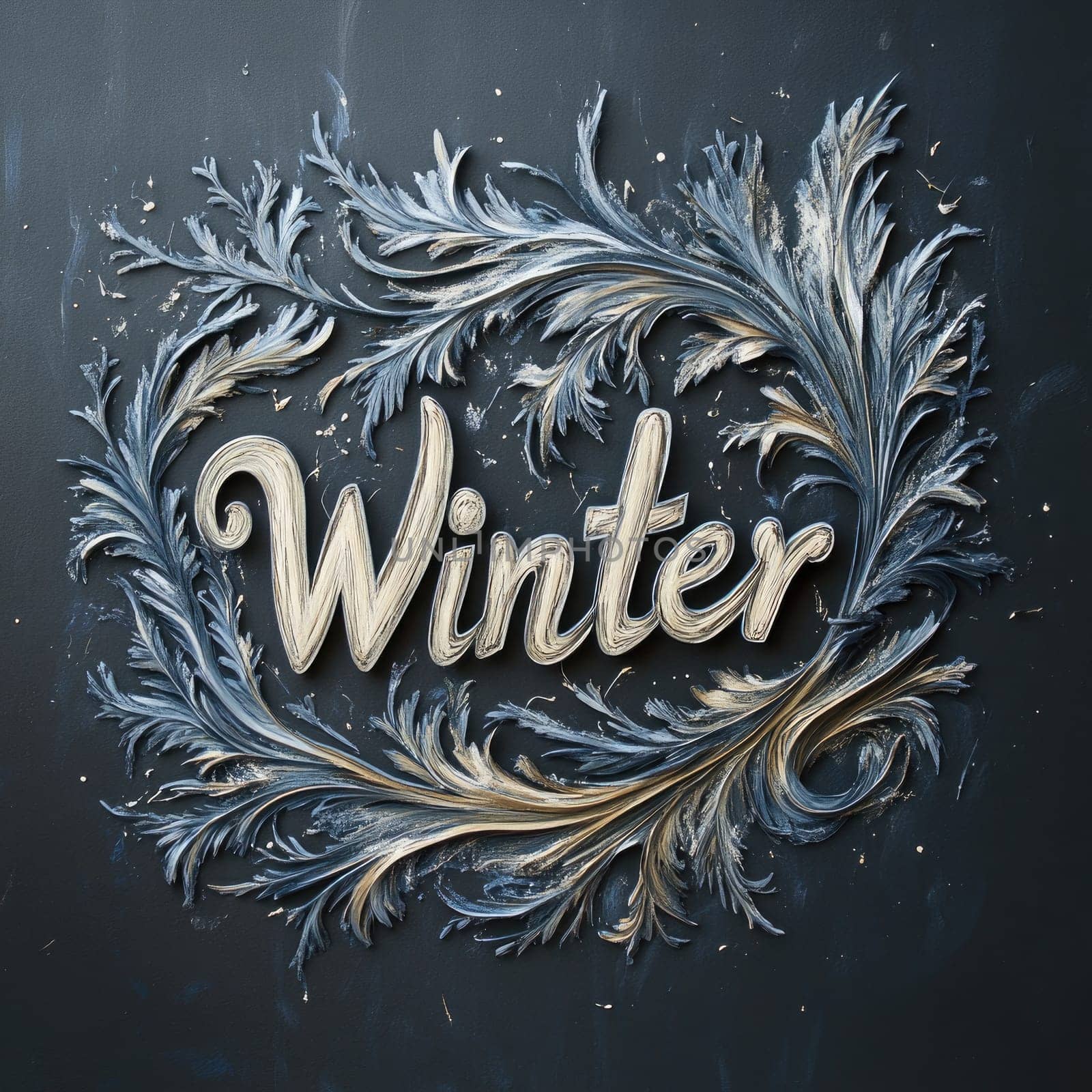An artistic representation highlighting the word Winter surrounded by beautifully crafted, ornate designs in shades of blue and gold on a dark backdrop.