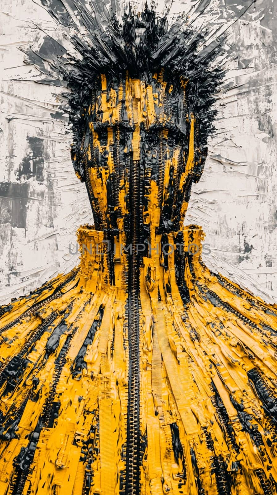 Abstract portrait of a man created using black and yellow zippers on a textured white background, symbolizing individuality and style