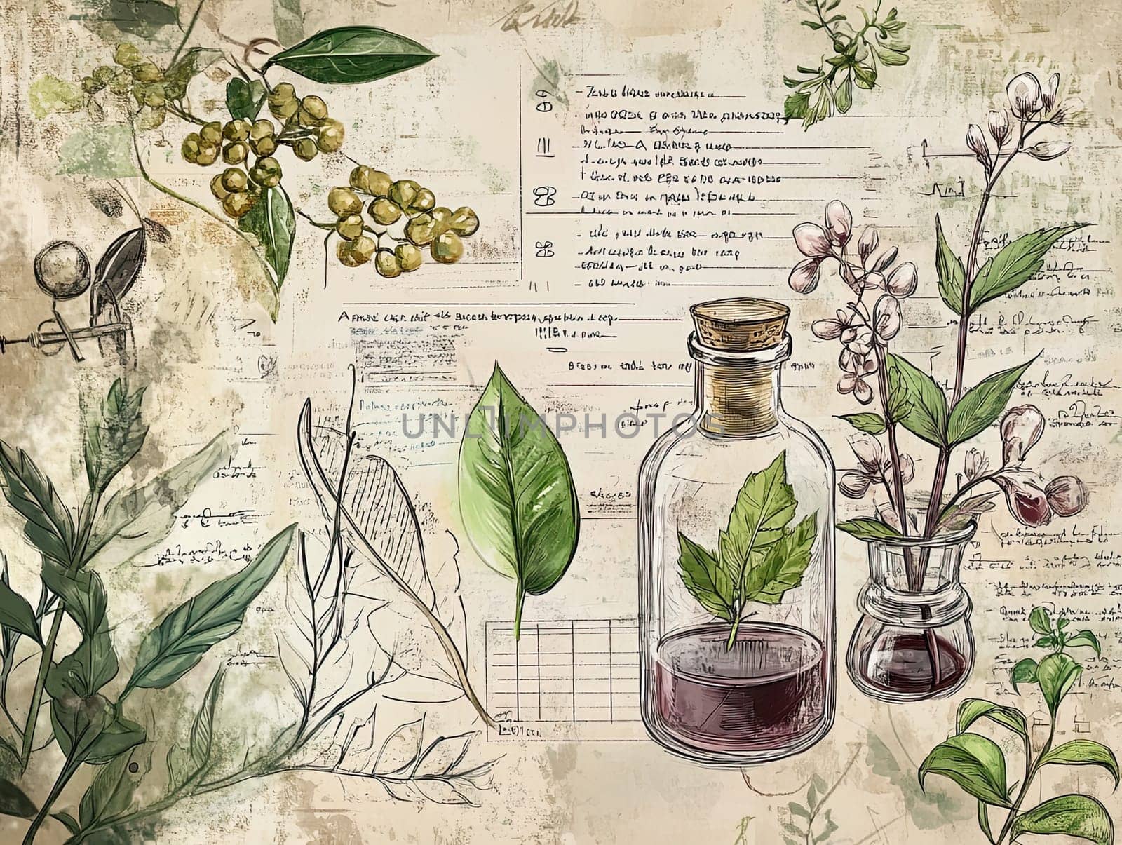 This artwork features a collection of botanical elements, including various plants, herbs in glass containers, and handwritten notes about herbal properties, blending nature and knowledge.